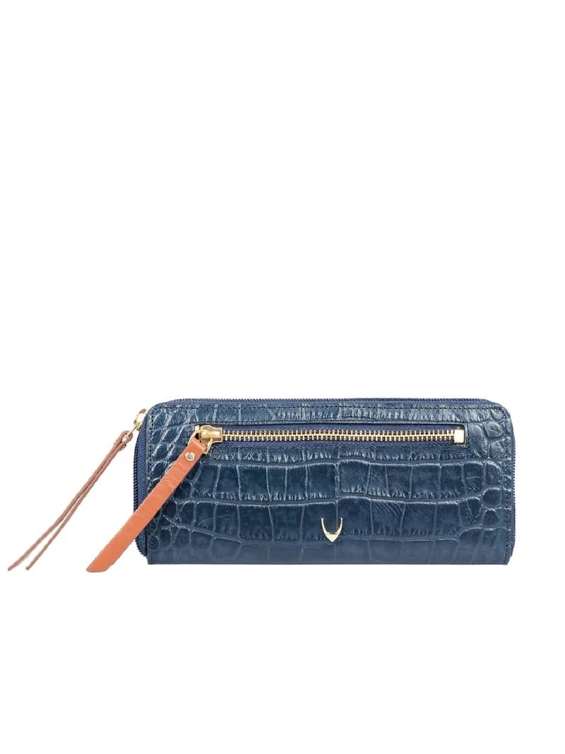 Women's Blue Leather Textured RFID Zip Around Wallet
