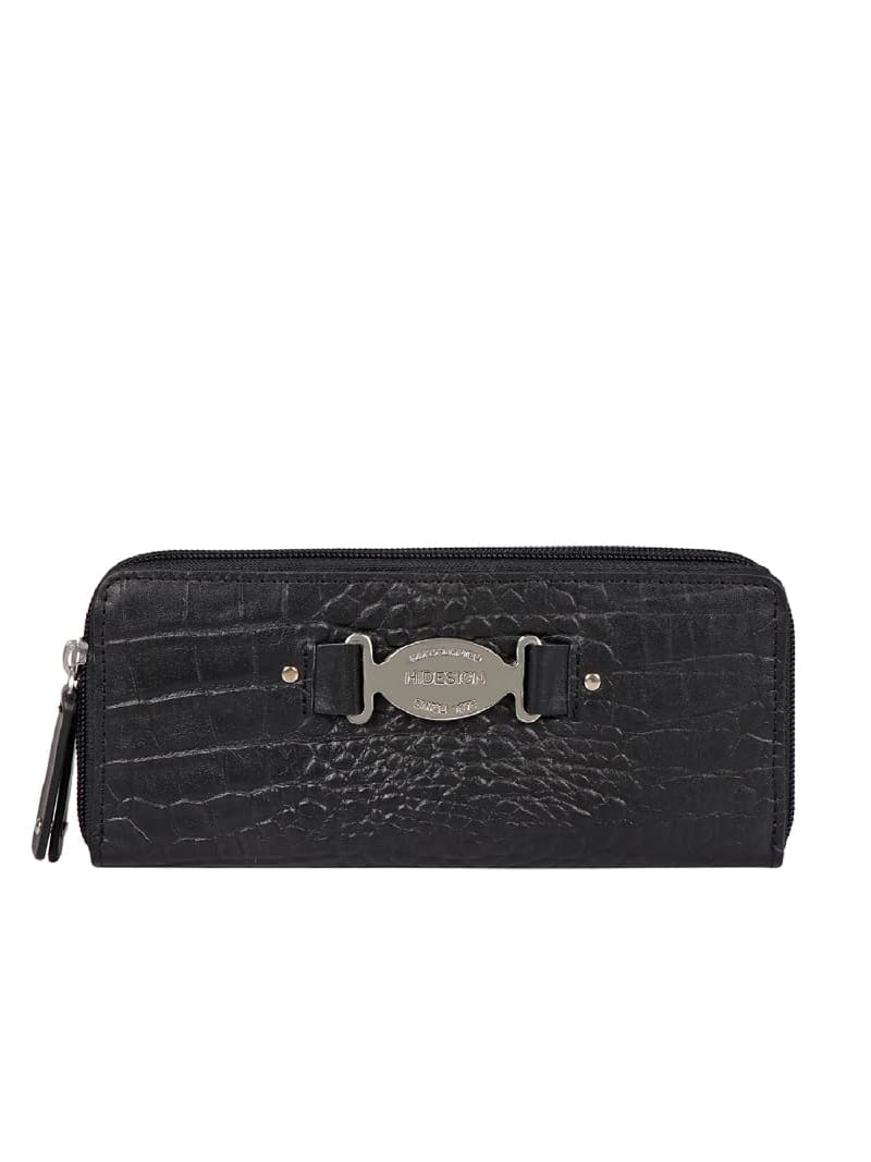 Women's Black Leather Textured RFID Zip Around Wallet
