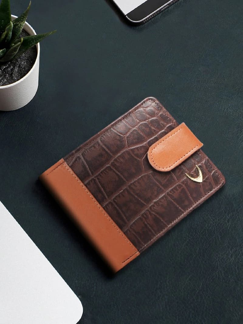 Men's Brown Leather Textured RFID Two Fold Wallet