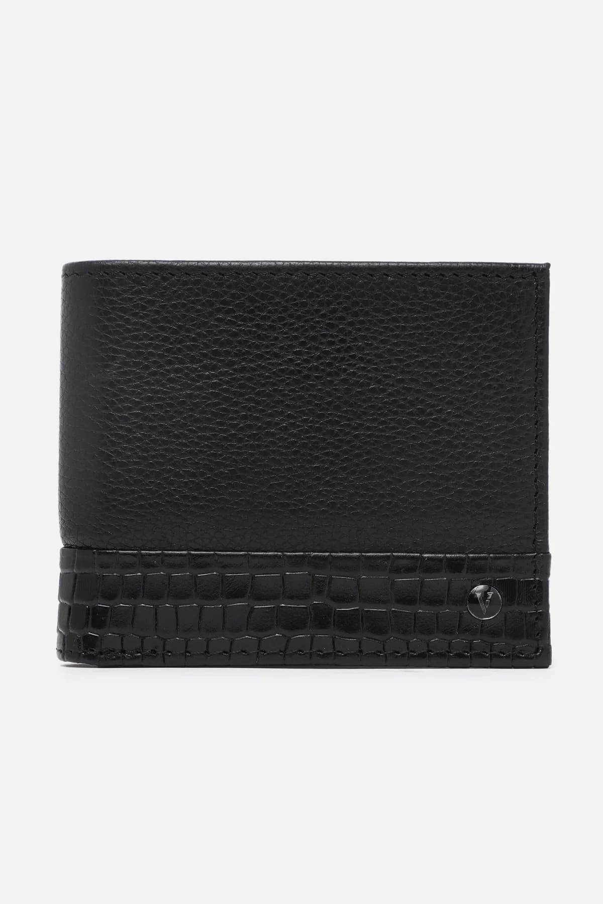 Men's Black Textured Bi-Fold Leather Wallet