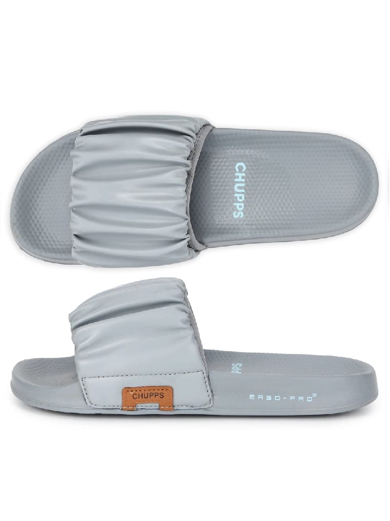 Women's Ruffel Grey Round Toe Polyurethane Casual Slides