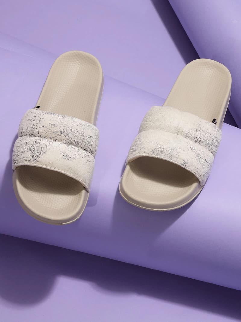 Women's Puff Beige Round Toe Polyurethane Casual Slides
