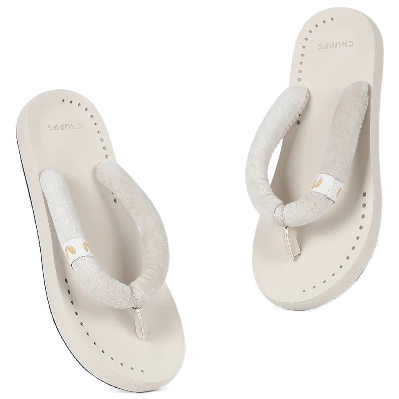 Women's Plush Beige Round Toe Polyurethane Casual Flip-flops