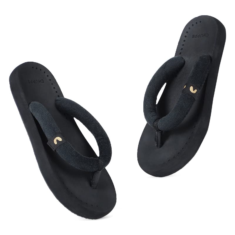 Women's Plush Black Round Toe Polyurethane Casual Flip-flops