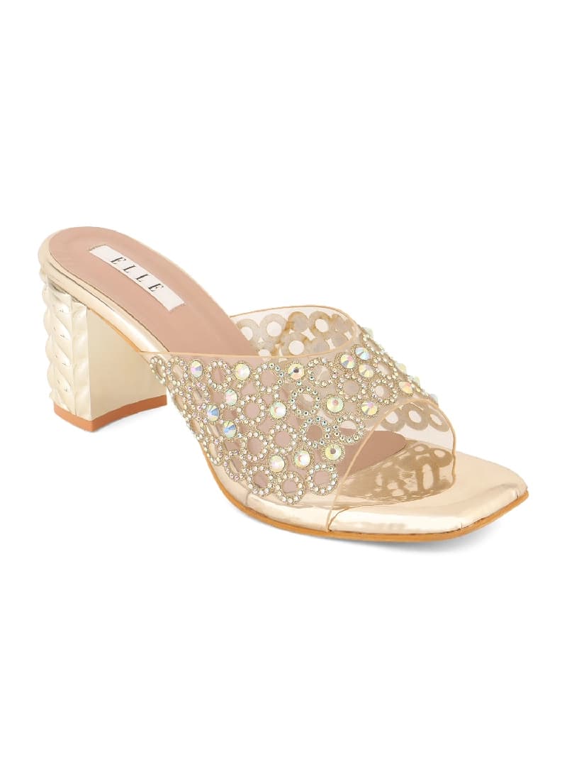 Women's Gold Glamorous Elegant Embellished Block Sandals