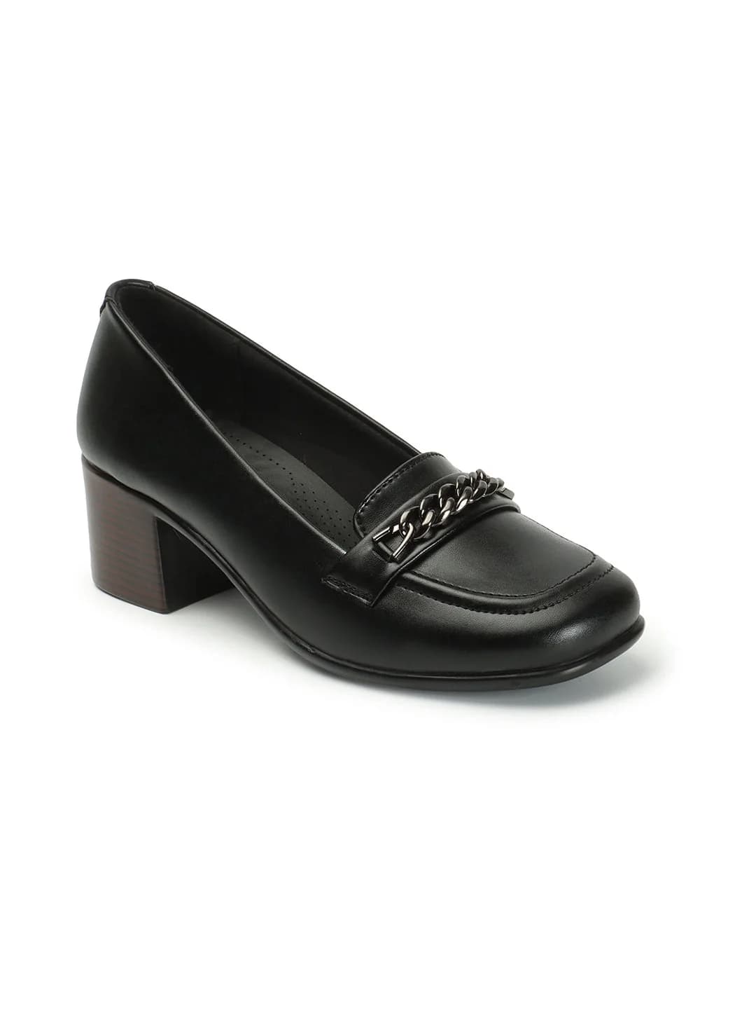 Women's Black Block Heel Loafers with Chain Detail Heels