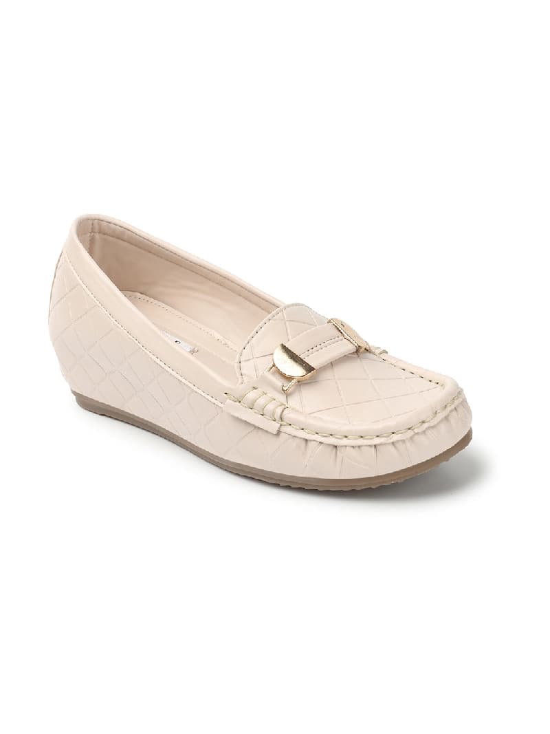 Women's Cream Textured Lightweight Heeled Loafers