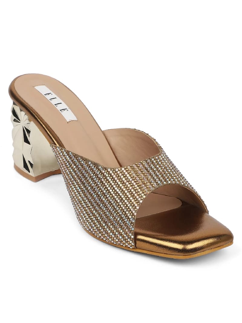 Women's Gold Croc-Textured Block Heels with Detail Sandals