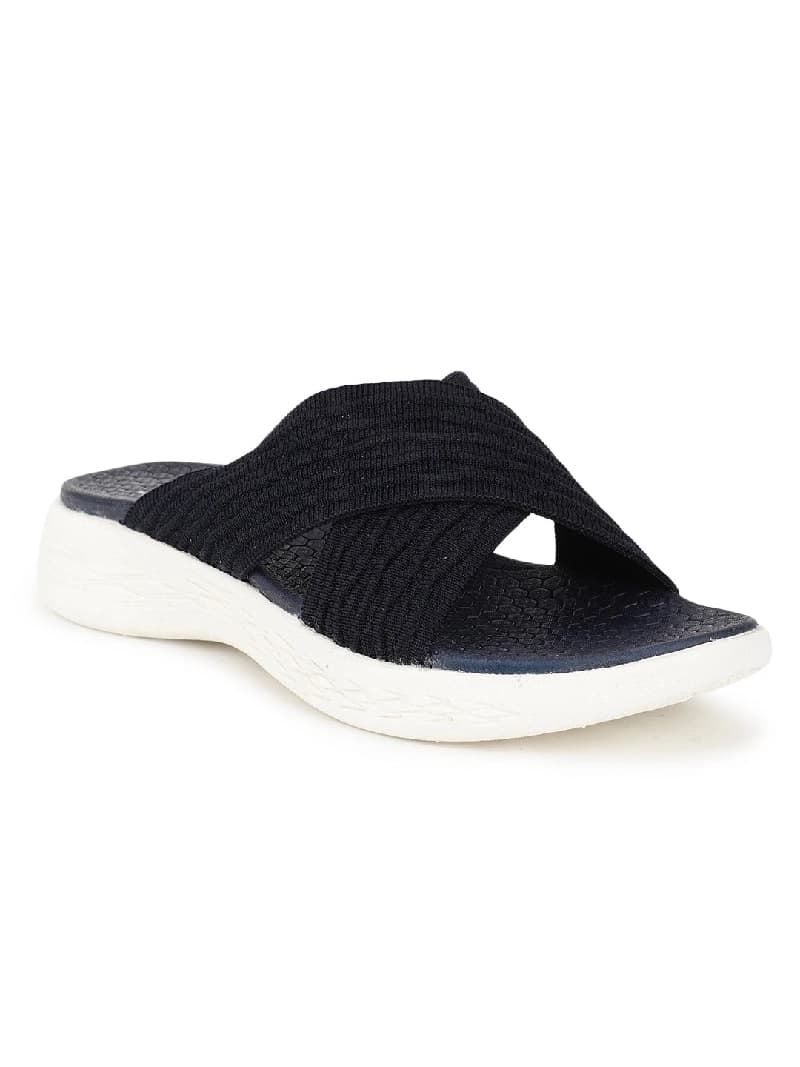 Women's Navy Criss-Cross Fly Knit Comfort Slides