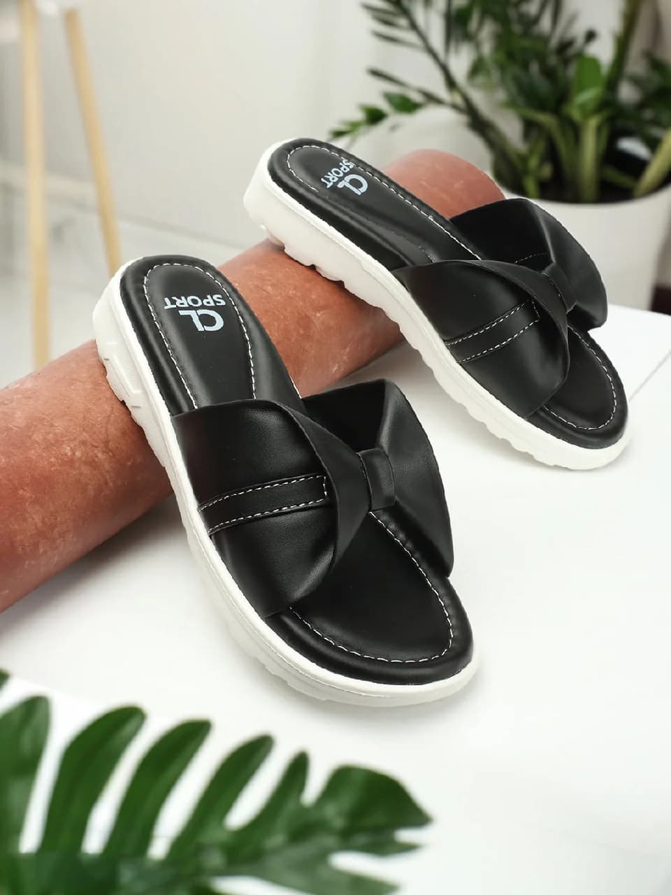 Women's Black Bow Detail Comfort Slide Sandals