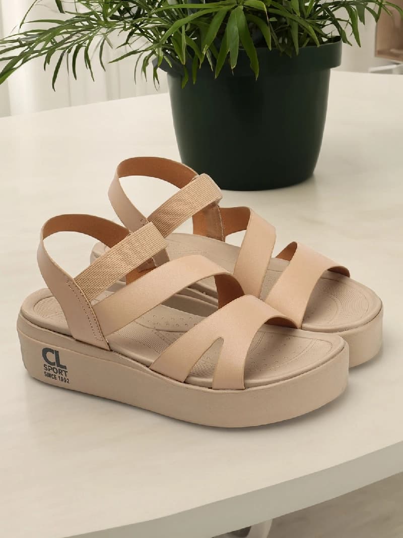 Women's Beige Elastic Strap Flatform Sandals