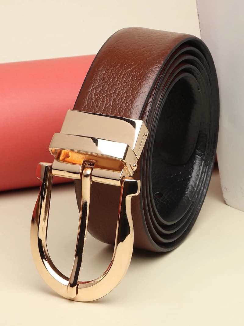 Men's Brown & Black Casual Solid Leather Reversible Belt