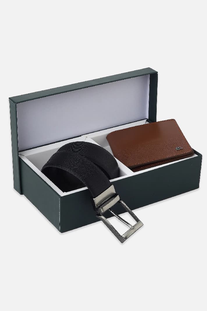 Men's Reversible Black & Brown Leather Belt With Wallet Combo Set