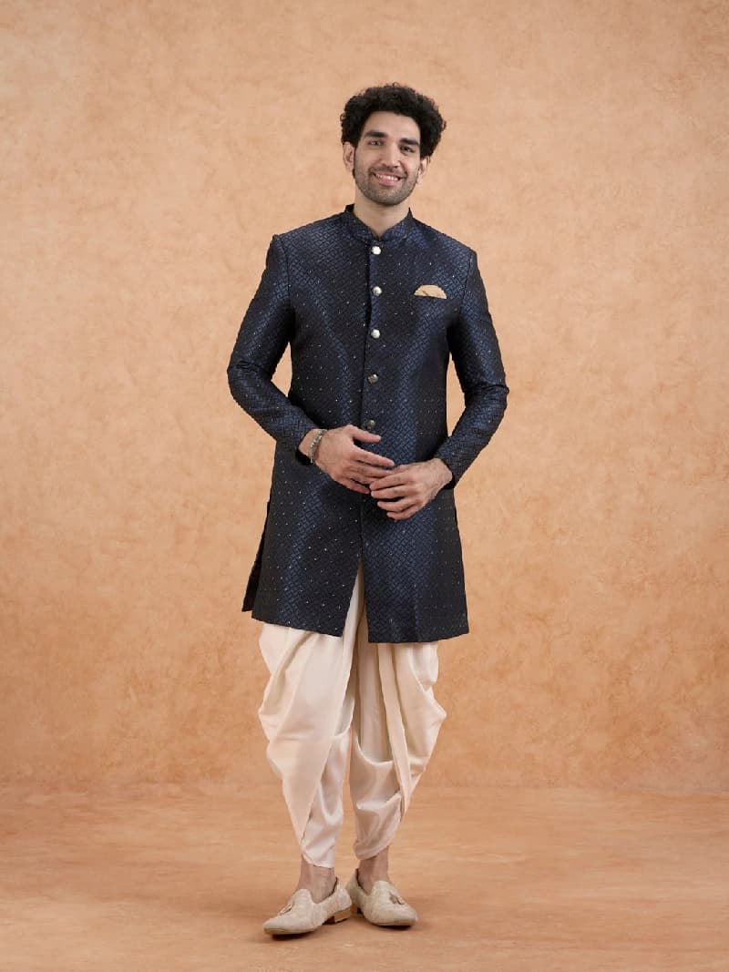 Men's Blue Festive Textured Regular Fit Sherwani Set