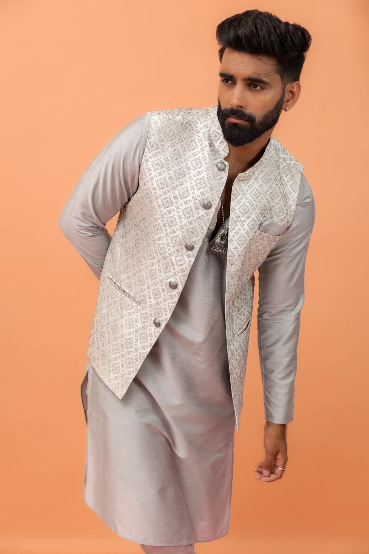 Men's Grey Festive Solid Regular Fit Silk Kurta Set