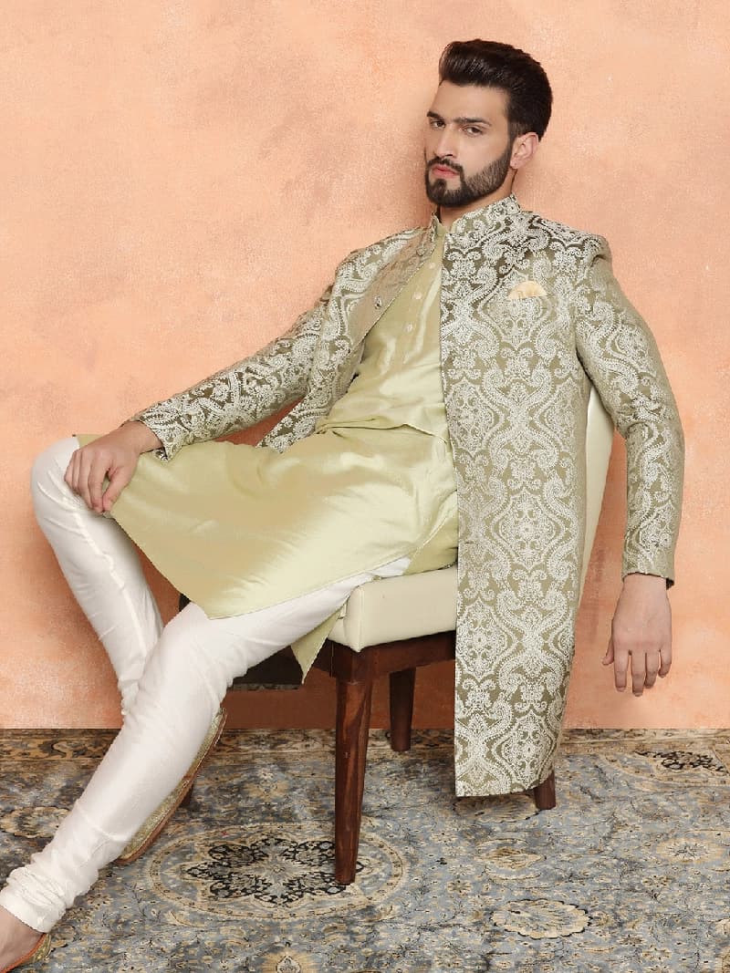 Men's Gold Festive Textured Regular Fit Sherwani Set