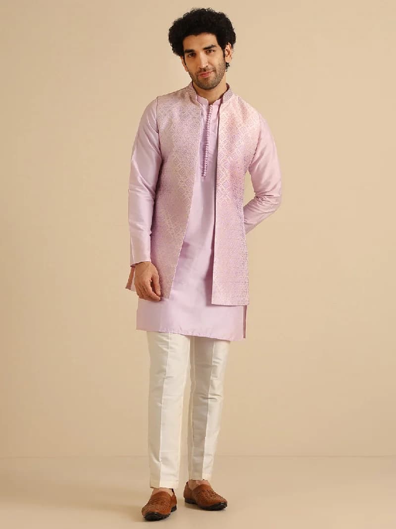 Men's Purple Festive Textured Regular Fit Silk Kurta Set