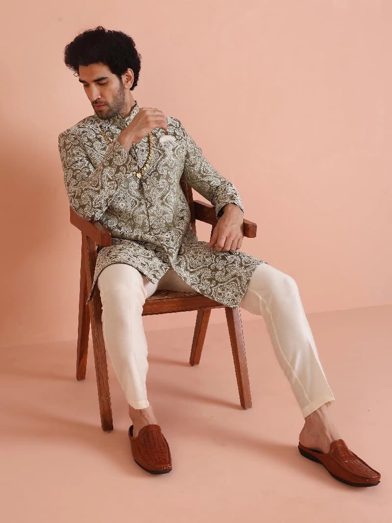 Men's Green Festive Regular Fit Sherwani Set