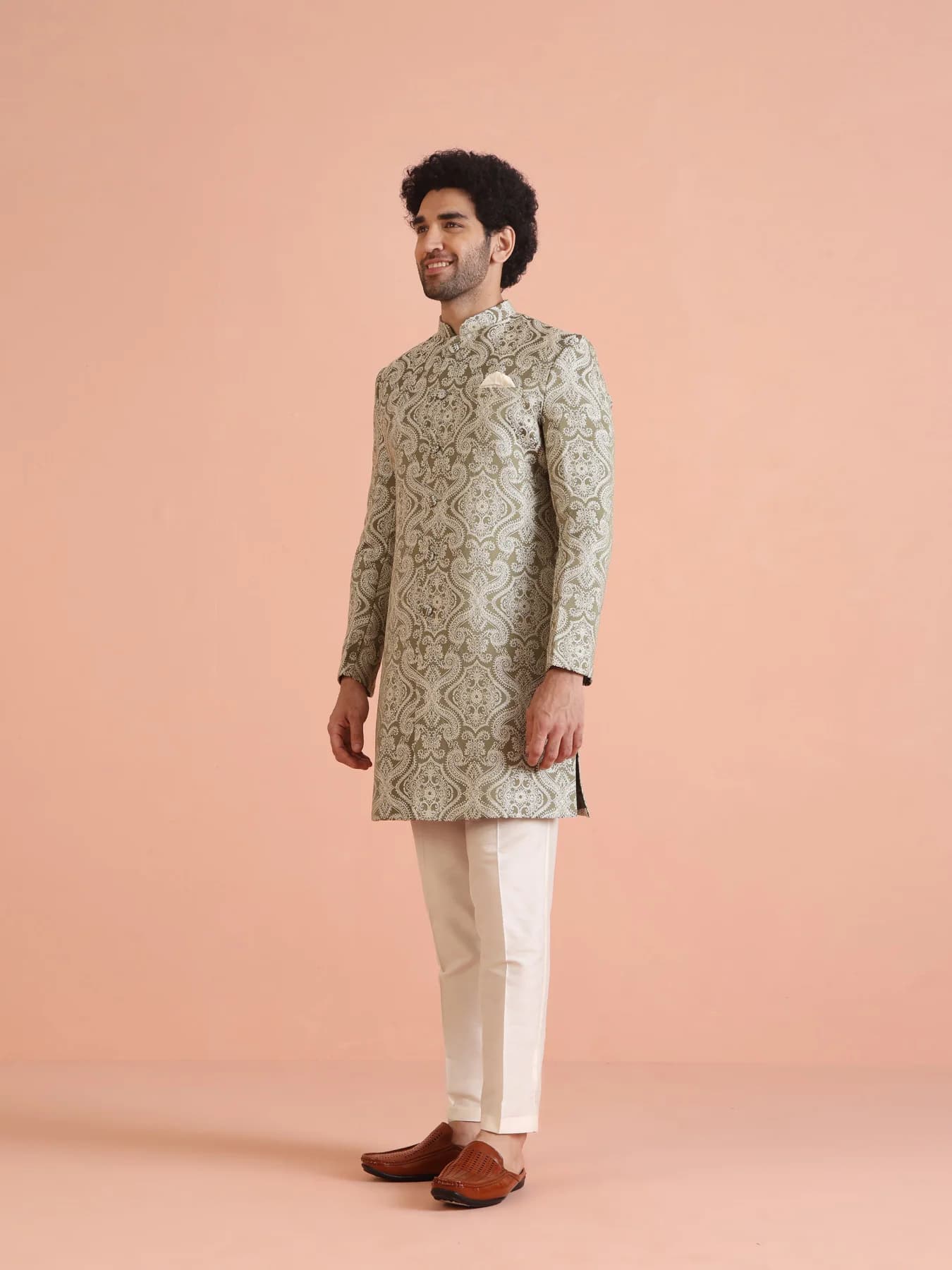 Men's Green Festive Regular Fit Sherwani Set