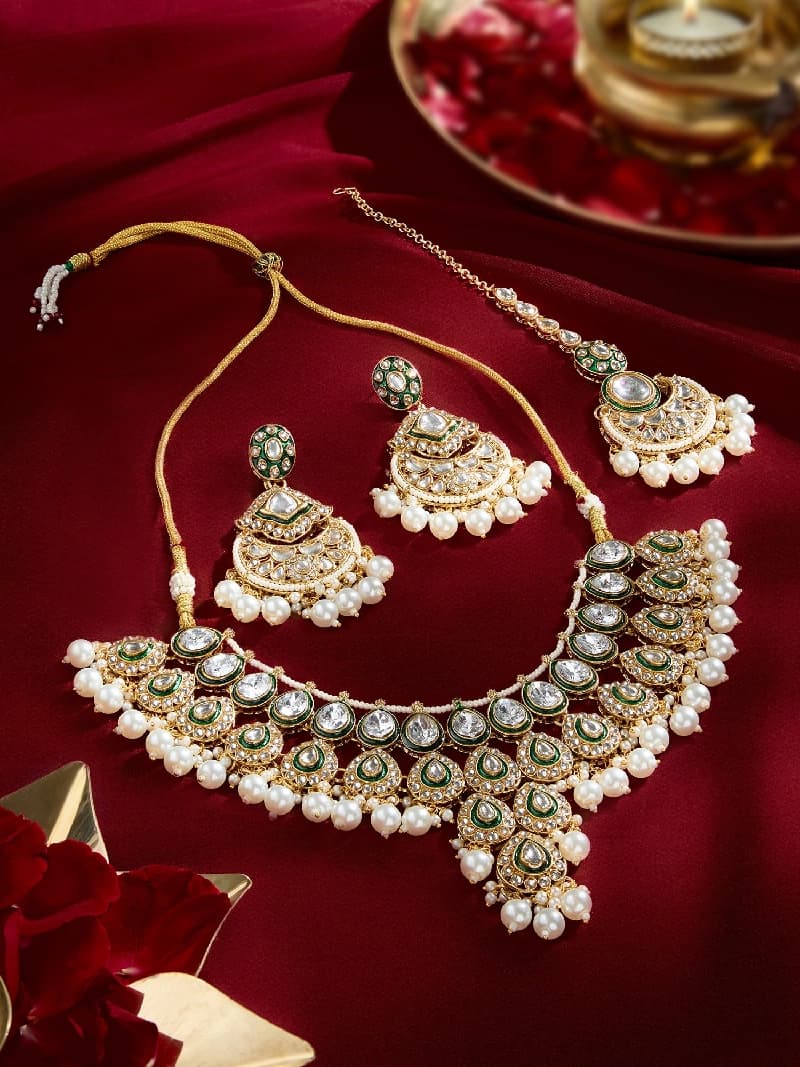 Women's Green Meenakari Kundan Bridal Necklace Earring & Maangtikka Set-ZPFK21285