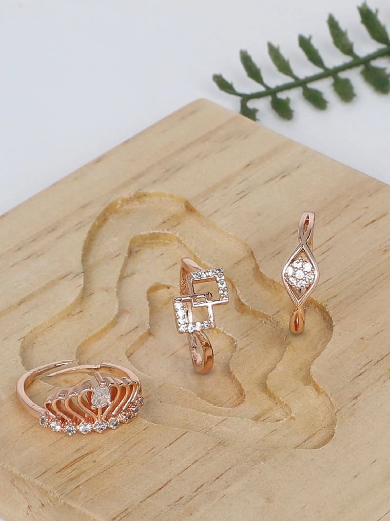 Women's Combo of 3 Rose Gold Contemporary Cubic Zirconia Brass Rings-ZPFK11178