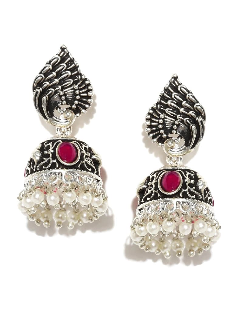 Women's Dark Antique Silver Tone Peacock Inspired Ethnic Jhumki Earring-ZPFK6052