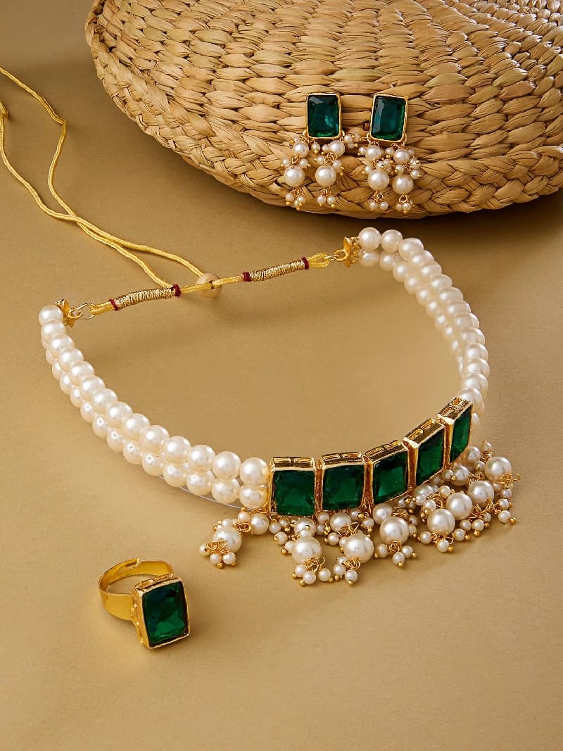 Women's Green Stones Multistrand Pearls Cluster Choker Necklace Earring & Ring Set-ZPFK13199