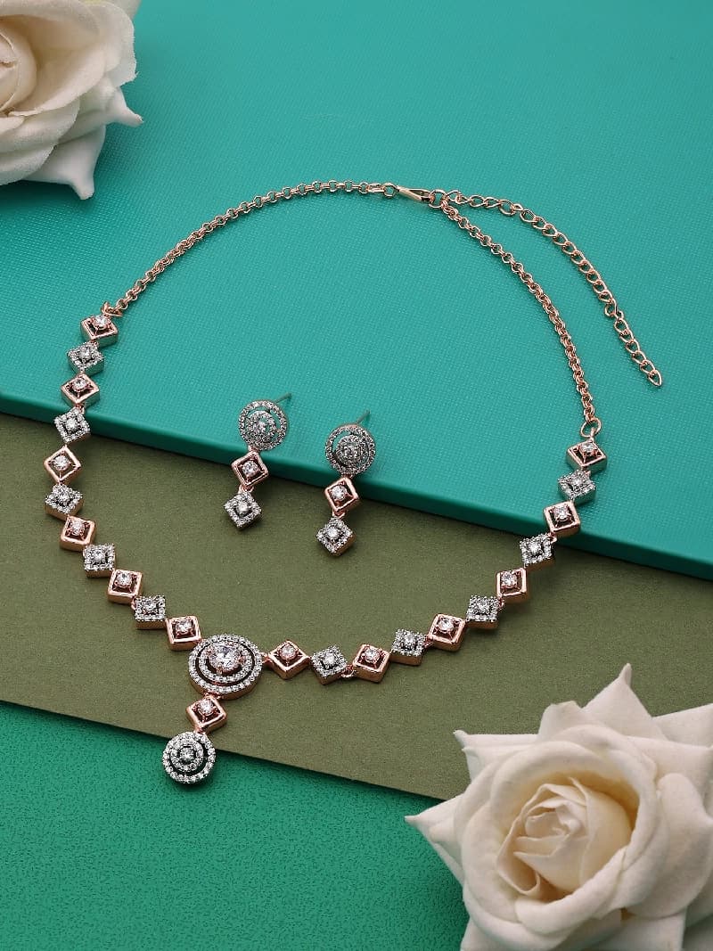 Women's Rose Gold Dazzling Cubic Zirconia Contemporary Necklace & Earring Set-ZPFK15950