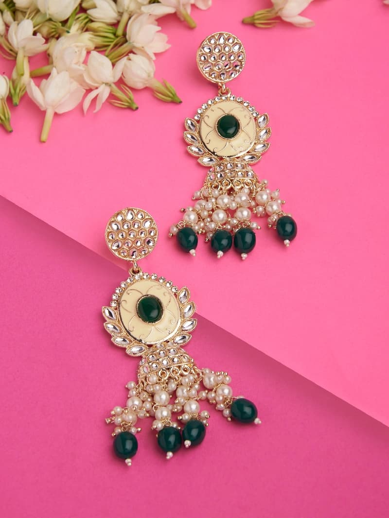 Women's Green Stones & Cluster Beads Enamel Kundan Dangle Earring-ZPFK14645