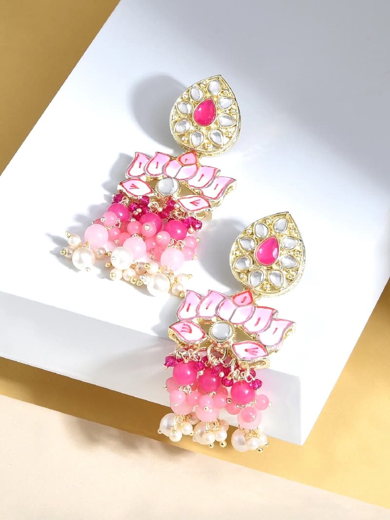 Women's Pink Meenakari Lotus Design Casual Cluster Beads Drop Earring-ZPFK15390