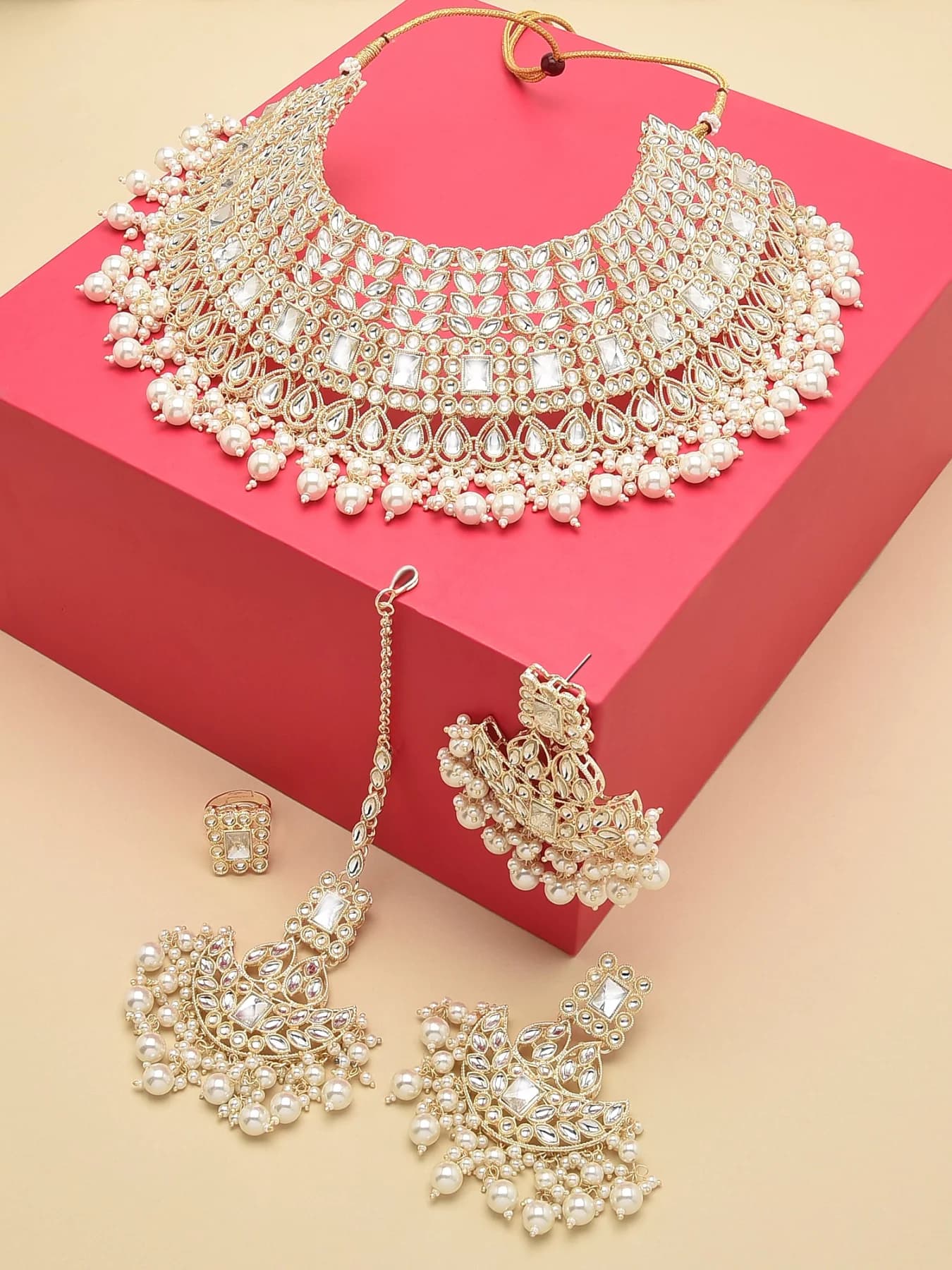 Women's Gold Tone Bridal Kundan Choker Necklace Earring Maangtikka & Ring Set-ZPFK12218