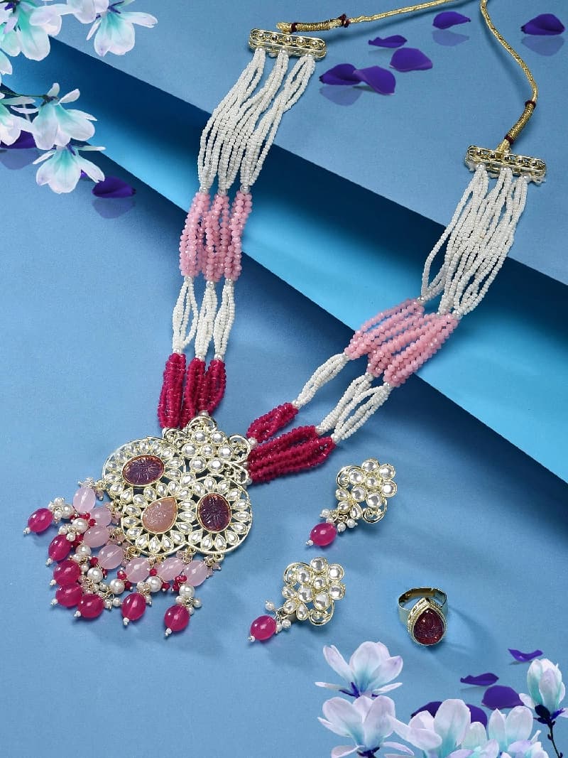 Women's Pink Multistrand Crystal Kundan Bridal Necklace Earring & Ring Set-ZPFK15902