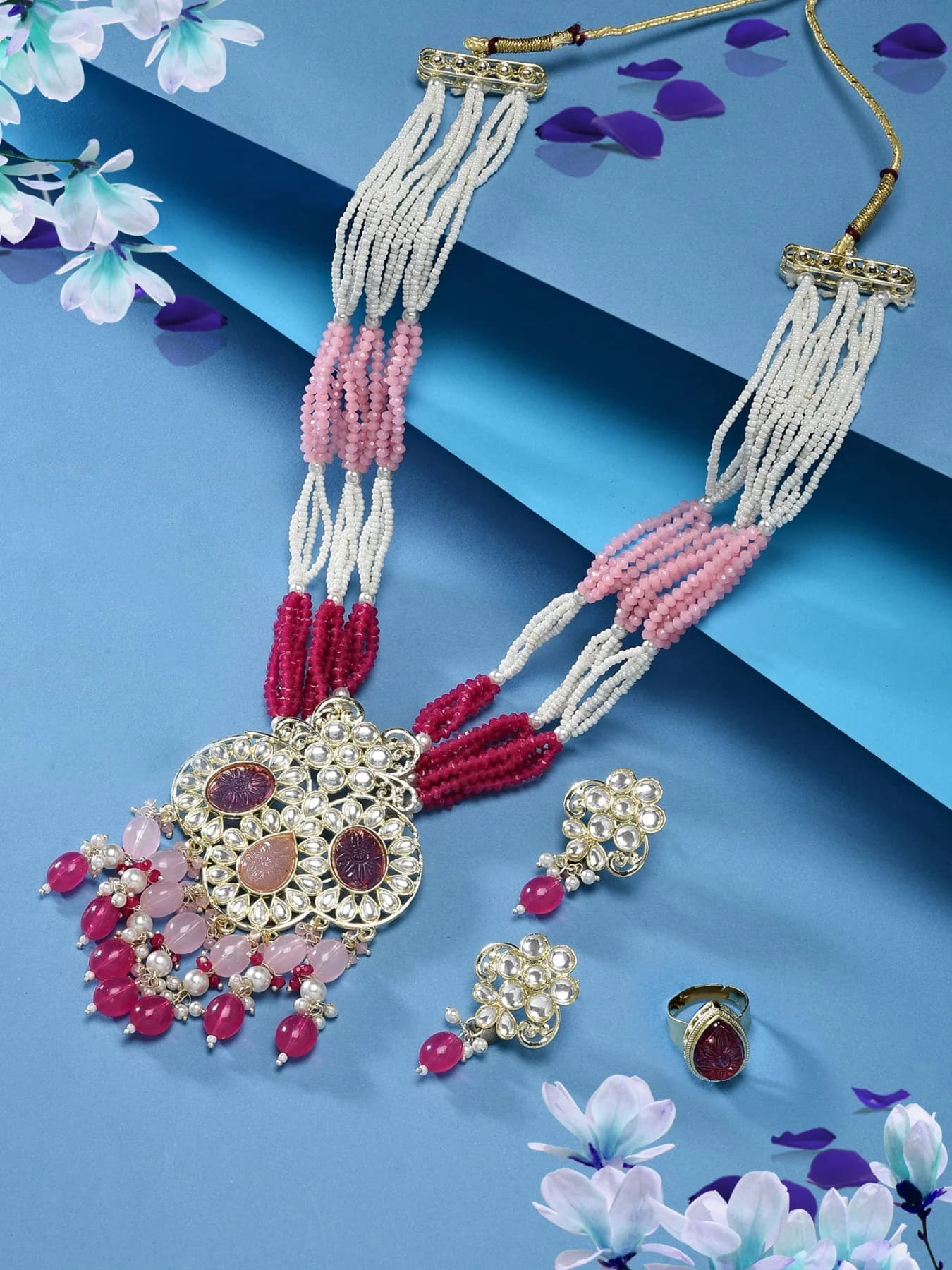 Women's Pink Multistrand Crystal Kundan Bridal Necklace Earring & Ring Set-ZPFK15902