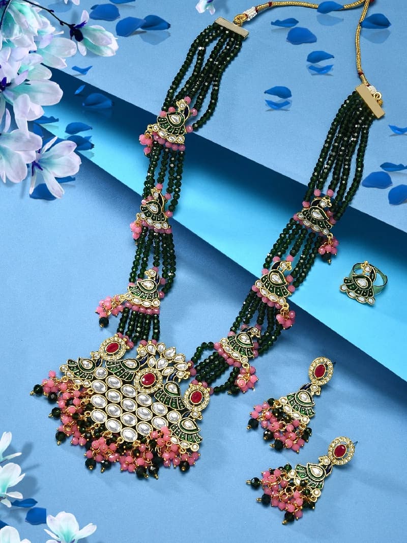 Women's Multicolor Peacock Meenakari Multistrand Kundan Bridal Necklace Earring & Ring Set-ZPFK16025
