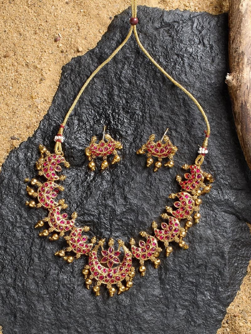 Women's Pink Stones Embellished Crescent Ethnic Beads Drop Necklace & Earring Set-ZPFK18917