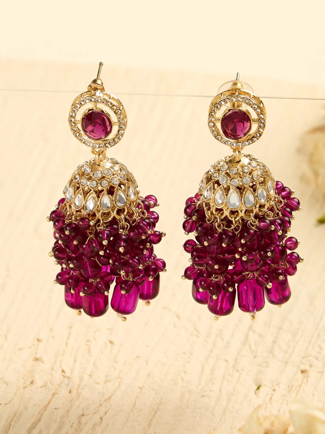 Women's Purple Stone Dazzling Austrian Diamonds Clustered Beads Drop Jhumka Earring-ZPFK18192