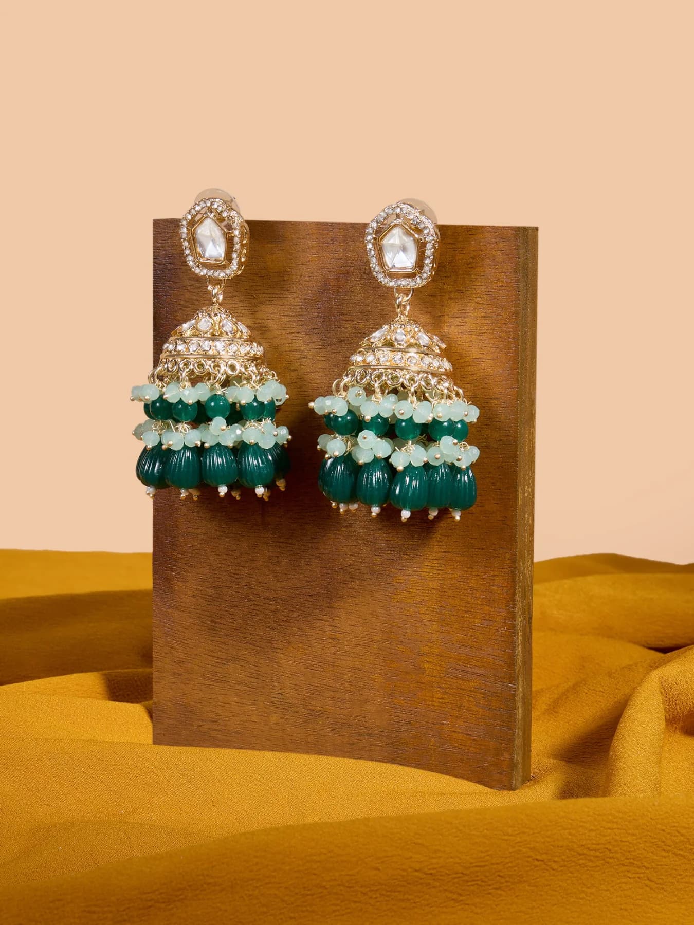 Women's Green Cluster Beads Drop Dazzling Austrian Diamonds Casual Jhumki Earring-ZPFK18077