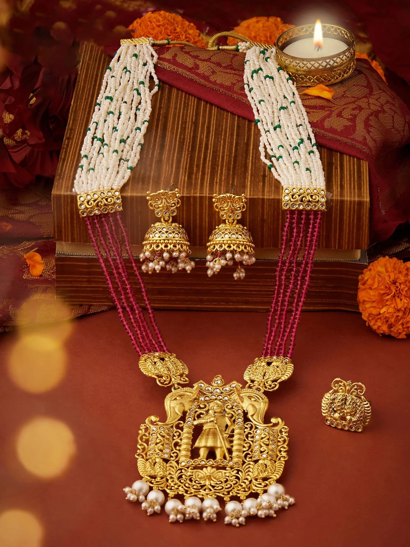 Women's Pink Crystals Beaded Multistrand Darbari Inspired Necklace Earring & Ring Set-ZPFK17588