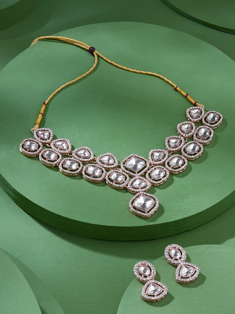 Women's Rose Gold Dazzling Austrian Diamonds Embellished Choker Necklace & Earring Set-ZPFK17778