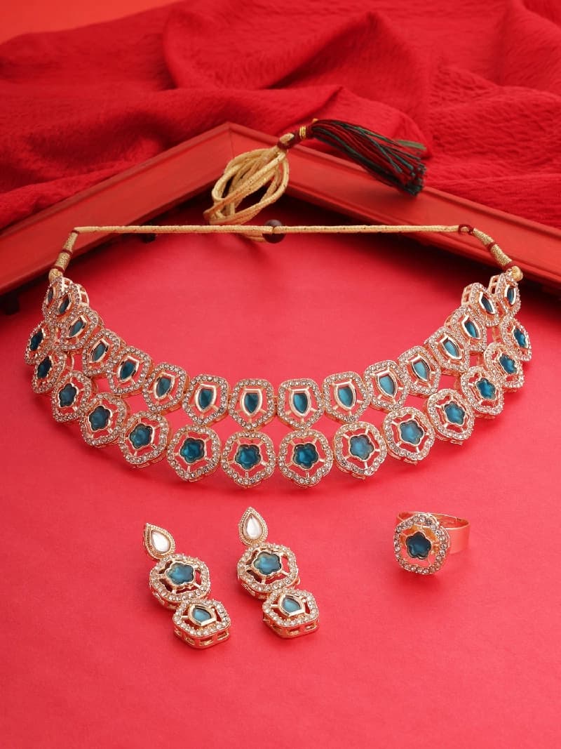 Women's Turquoise Blue Stones Dazzling Austrian Diamonds Choker Necklace Earring & Ring Set-ZPFK17604