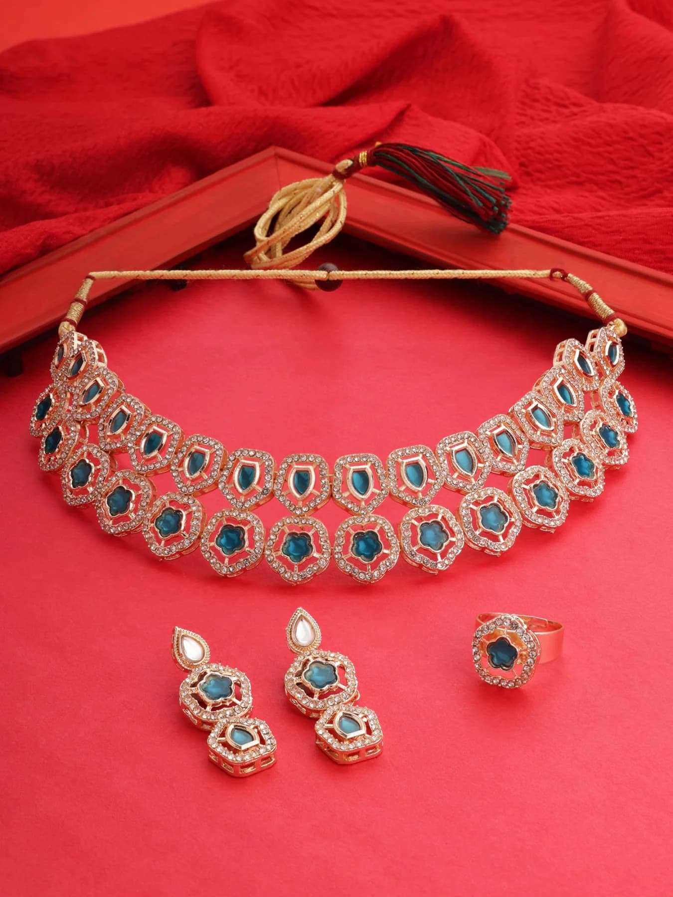 Women's Turquoise Blue Stones Dazzling Austrian Diamonds Choker Necklace Earring & Ring Set-ZPFK17604