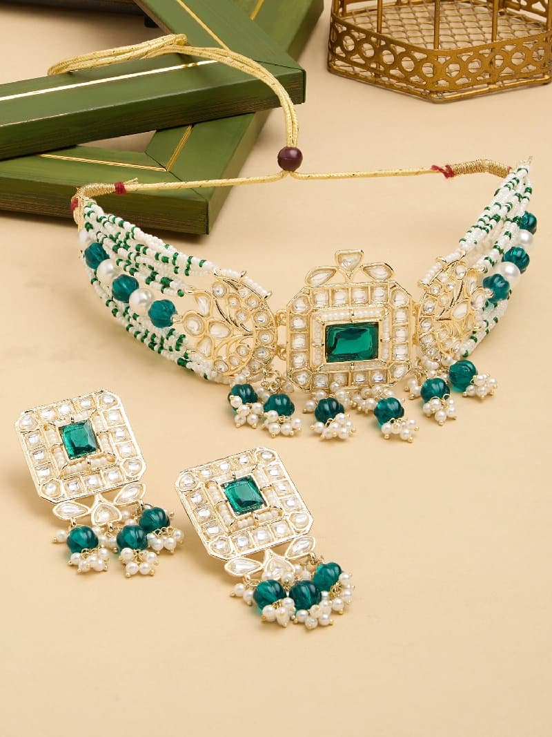 Women's Green Multistrand Beaded Kundan Choker Necklace & Earring Set-ZPFK17607
