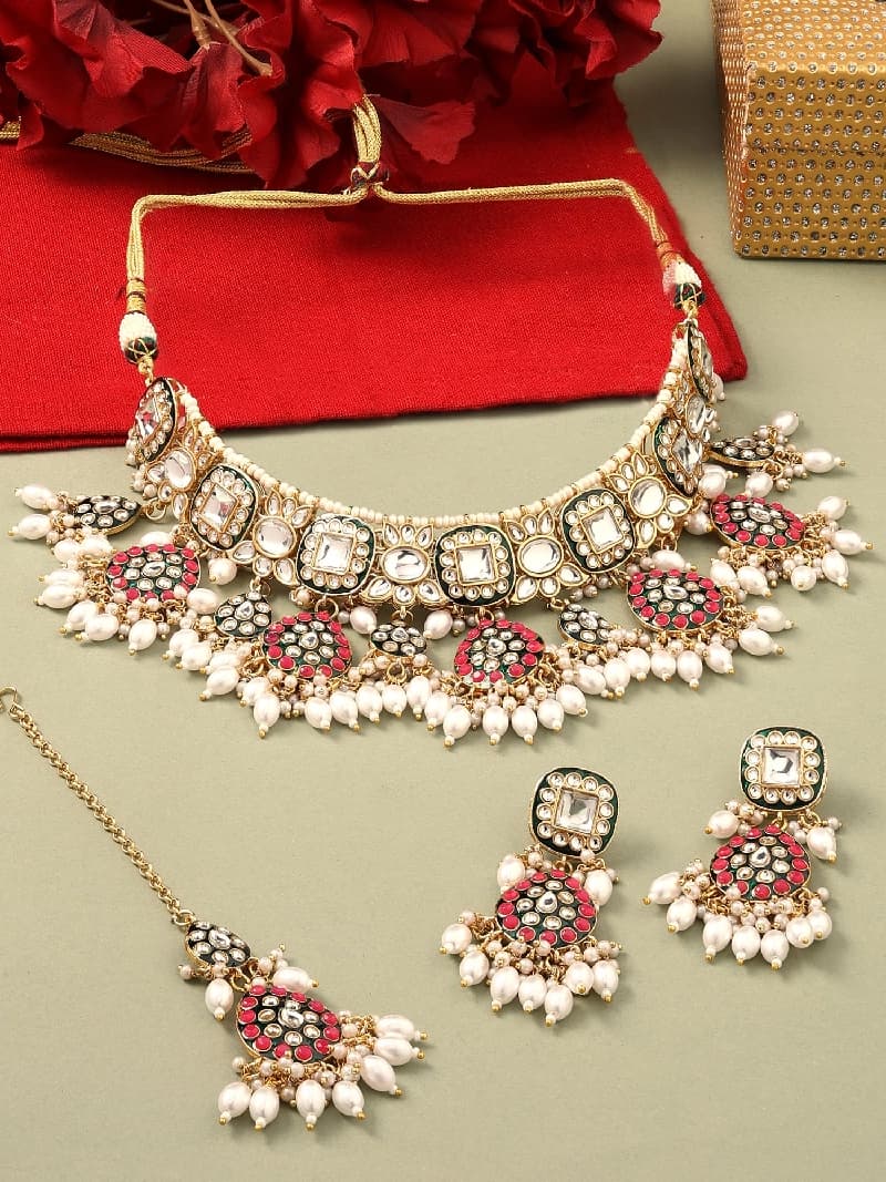 Women's Rani Pink & Green Enamel Kundan & Beads Bridal Choker Necklace Earring & Maangtikka Set-ZPFK16758