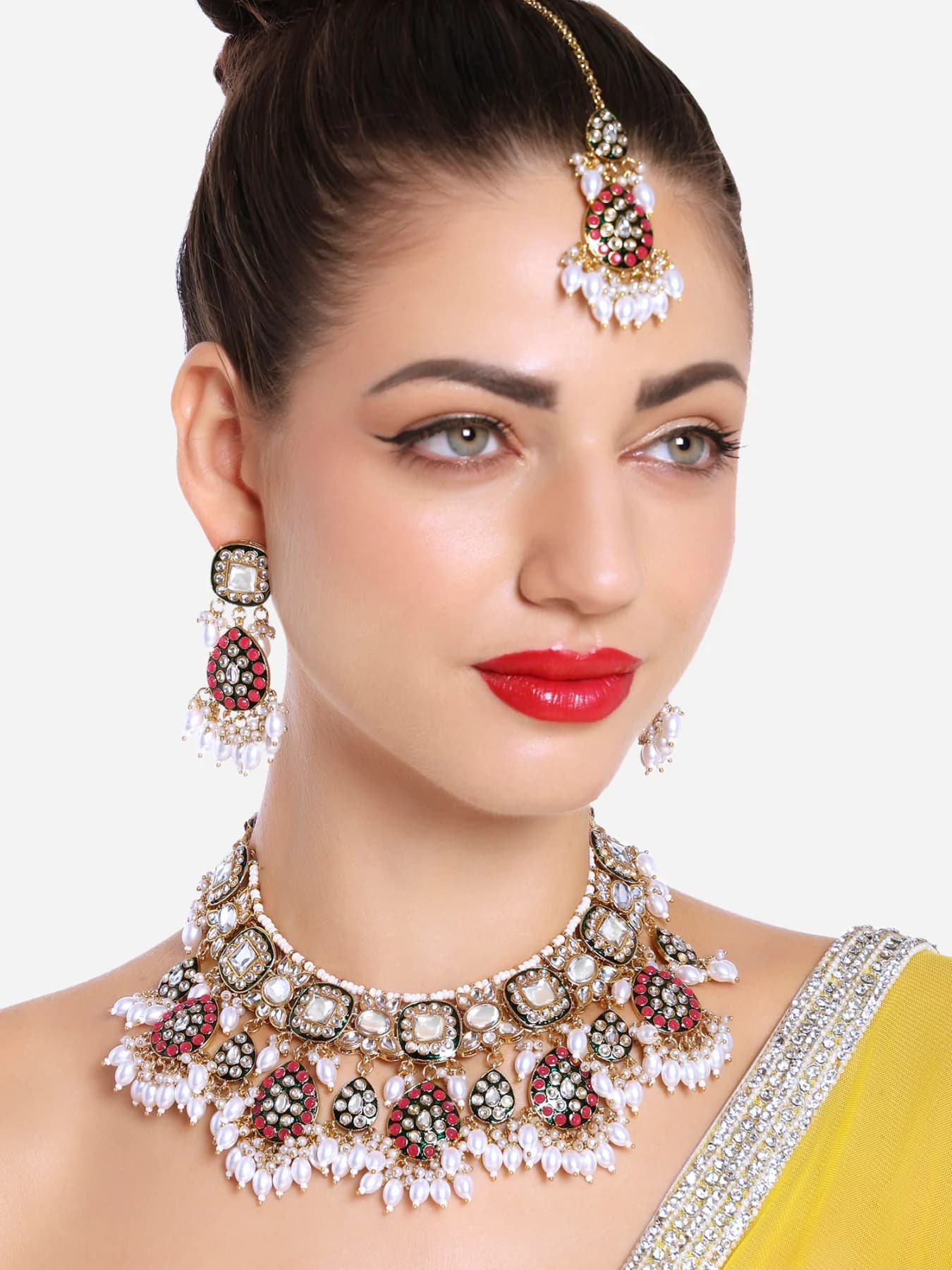 Women's Rani Pink & Green Enamel Kundan & Beads Bridal Choker Necklace Earring & Maangtikka Set-ZPFK16758