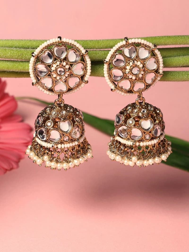 Women's Gold Tone Heart Shape Kundan Casual Beaded Jhumka Earring-ZPFK16737
