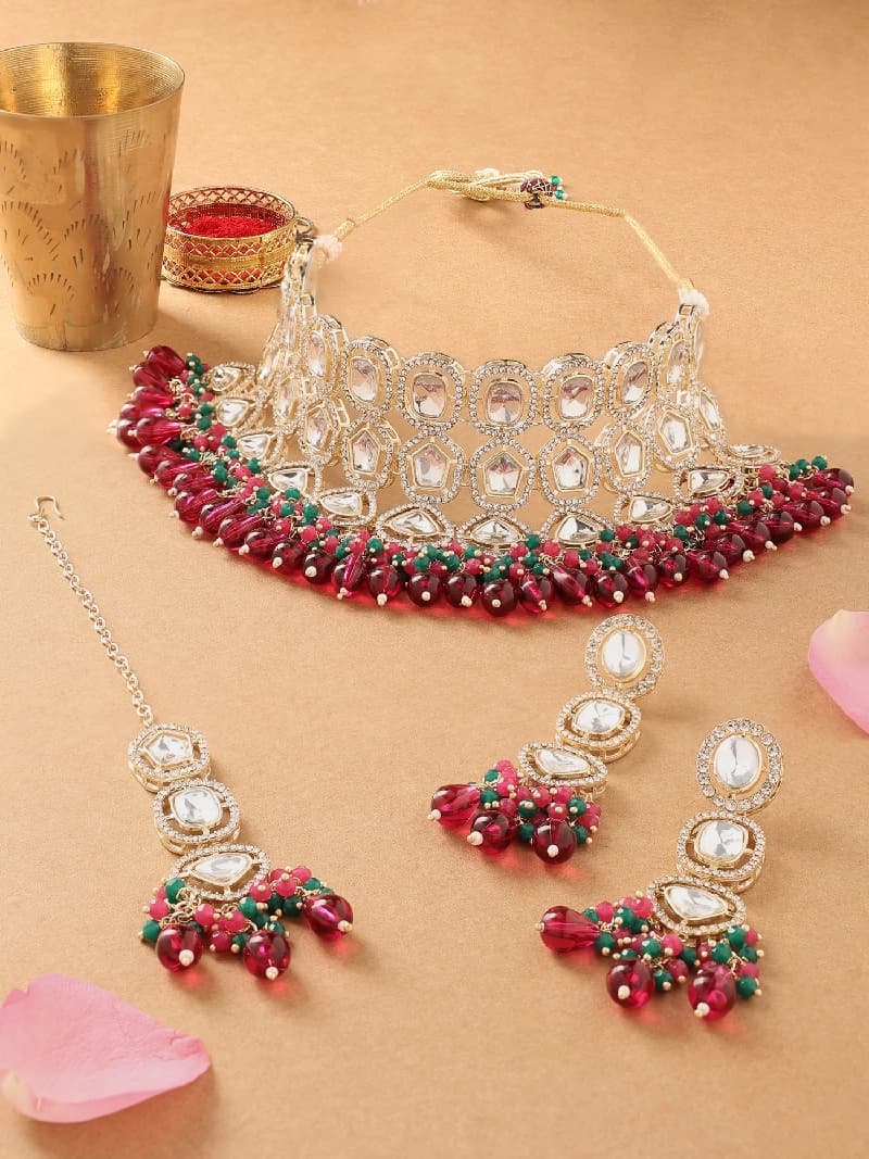 Women's Rani Pink & Green Crystal Artificial Stones & Beads Cluster Beads Drop Bridal Necklace Earring & Maangtikka Set-ZPFK16901