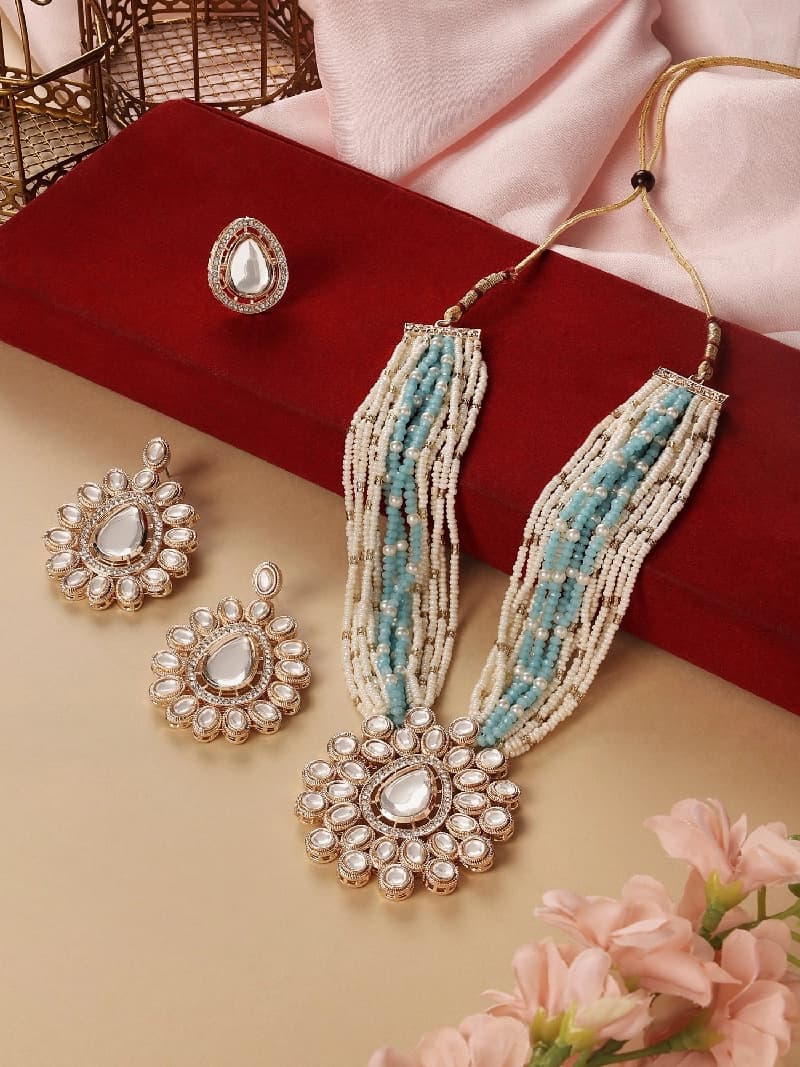Women's Turquoise Blue Multistrand Crystal Kundan & Stone Necklace Earring & Ring Set-ZPFK16656