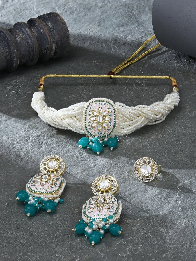 Women's Pink & Blue Meenakari Multistrand Kundan Choker Necklace Earring & Ring Set-ZPFK16503