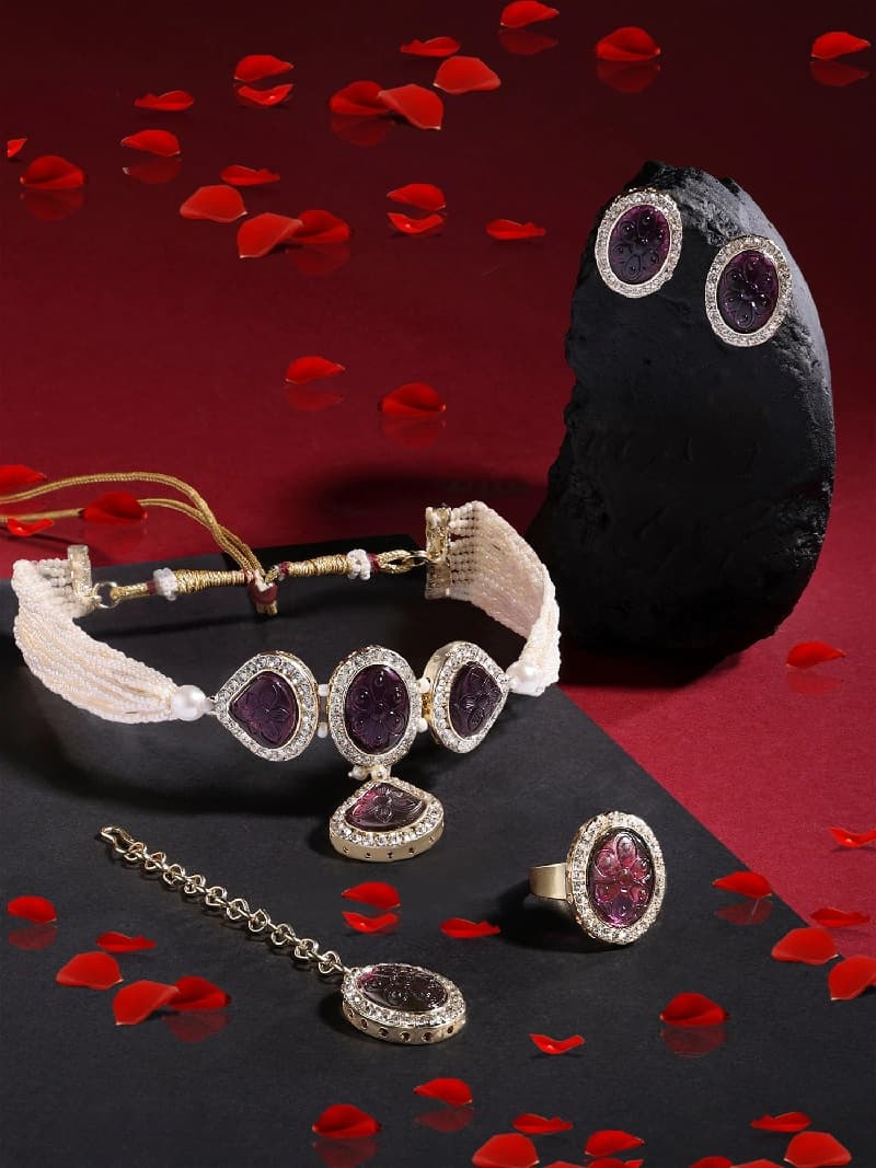 Women's Purple Stones Multistrand Pearls Choker Necklace Earring Maangtikka & Ring Set-ZPFK15453