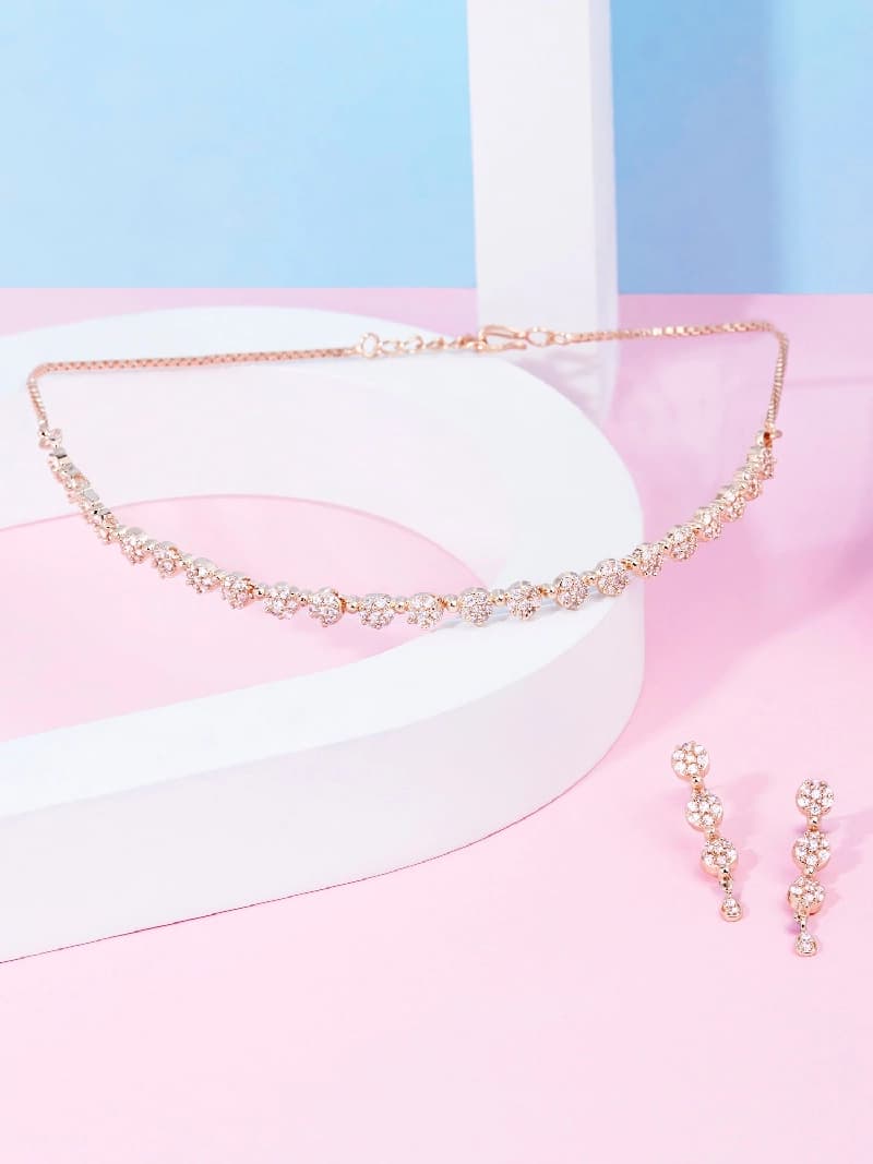 Women's Rose Gold Cubic Zirconia Contemporary Sleek Necklace & Earring Set-ZPFK15484